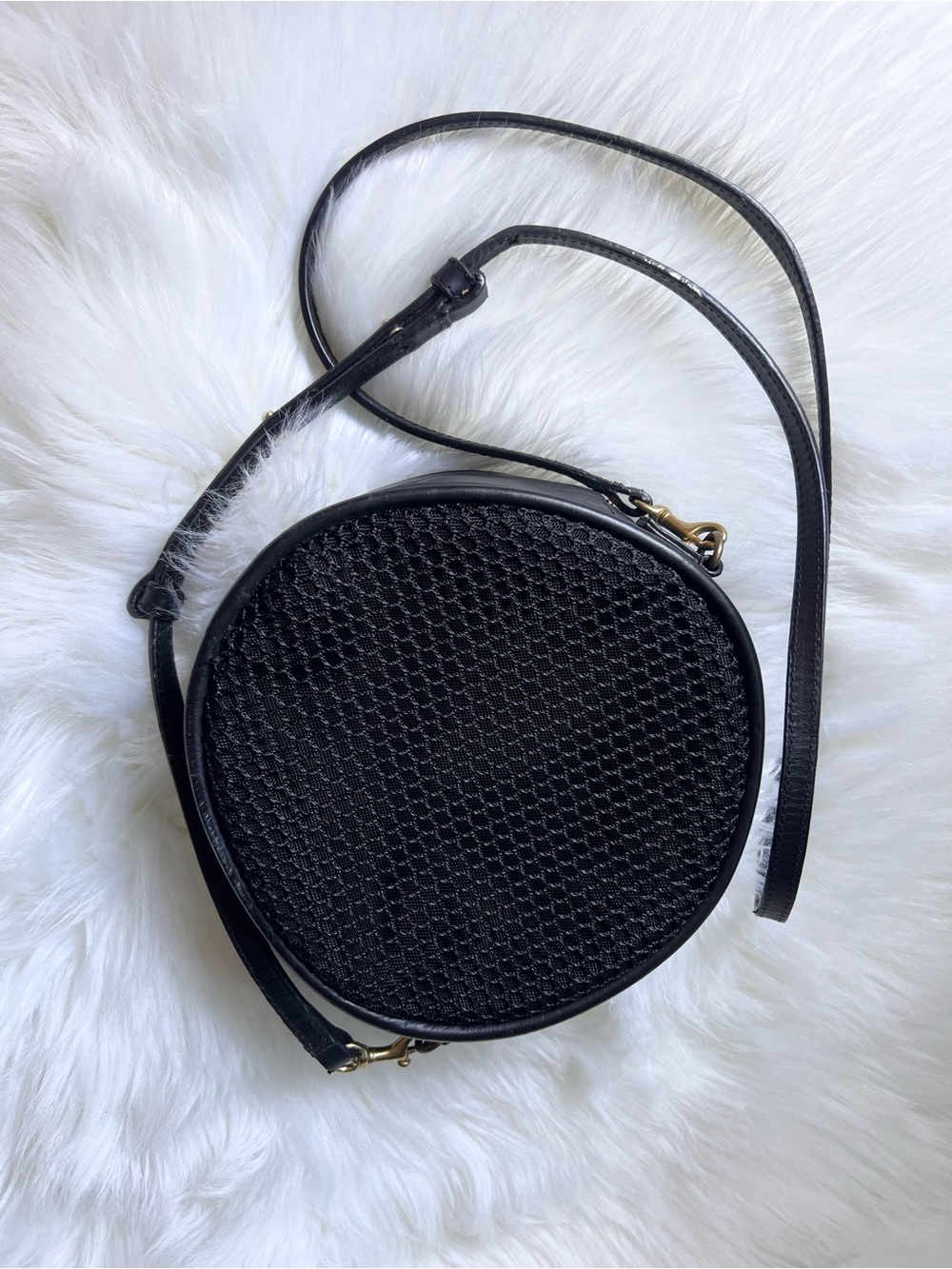 Steven Alan Black Leather and Mesh Circle Crossbody Bag Round Tambour Purse